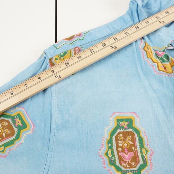 Zara Colorful Print Relaxed Fit Short SLeeve Blue Textured Button Shirt Sz L - Picture 5 of 9